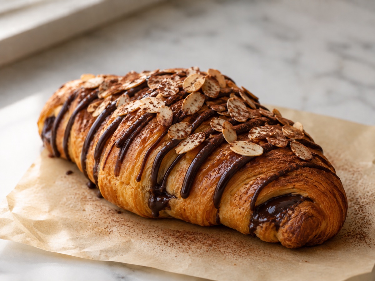 Schoko-Mandel-Croissant mit Schokoladenglasur, Mandelblättern und Kakao