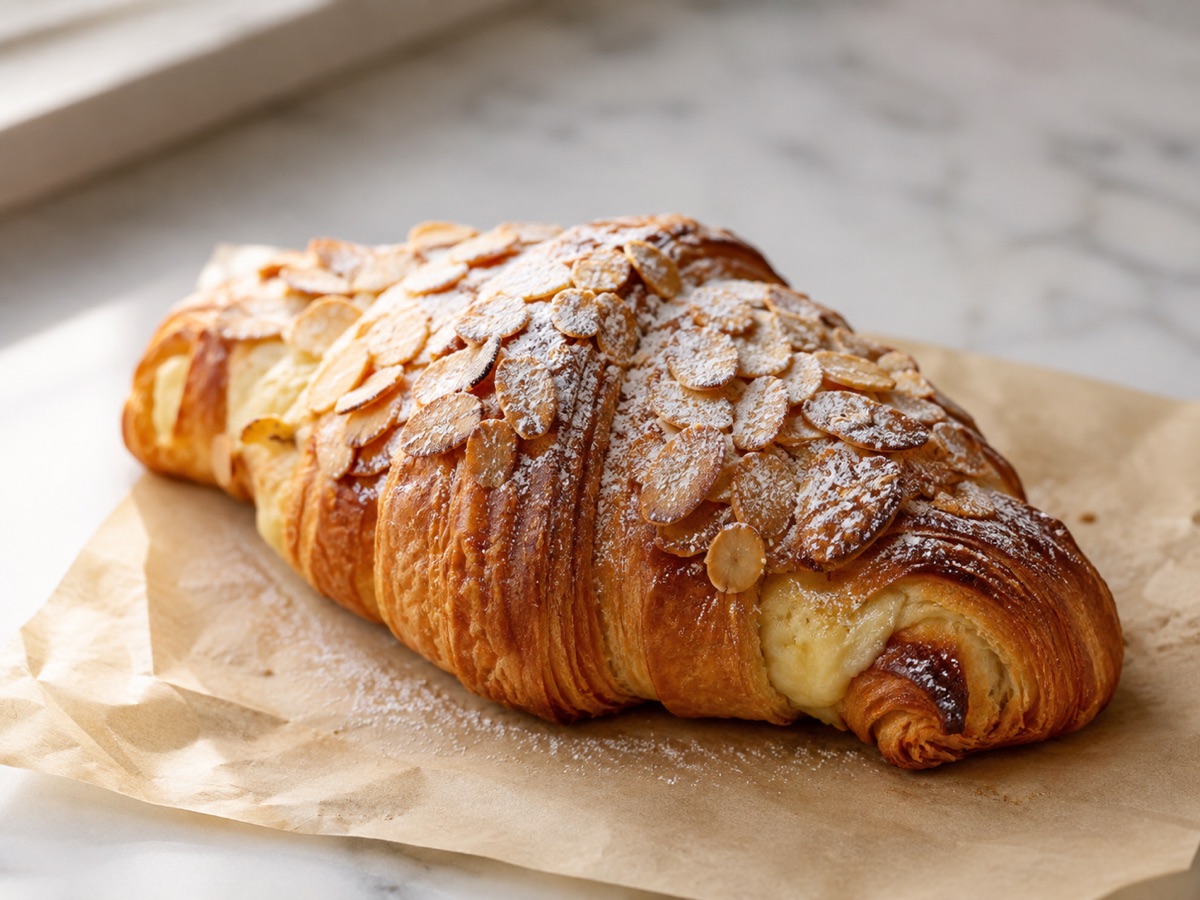 Mandelcroissant mit gerösteten Mandelblättern und Puderzucker